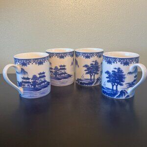 Set of 4 Vintage CANTON BLUE Mugs Asian Oriental Chinese Chinoiserie Pagodas